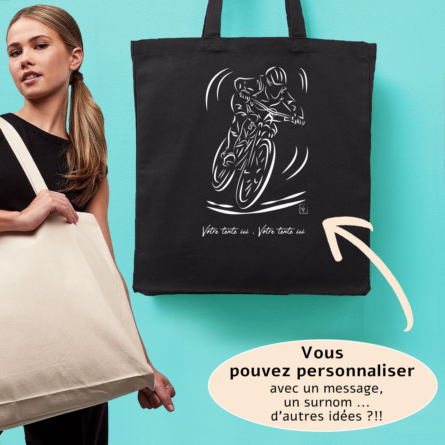 Graphisme Vélo VTT cross country sur grand sac cabas à personnaliser avec du texte, création Virginie Linard ©.