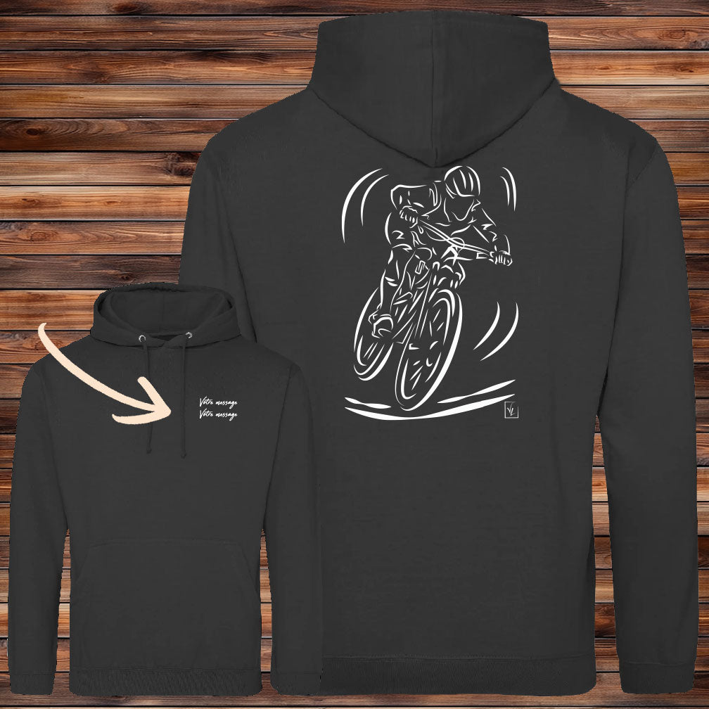 Graphisme Vélo VTT Cross sur sweat-shirt noir à personnaliser avec un texte. Création virginielinard.com ©.