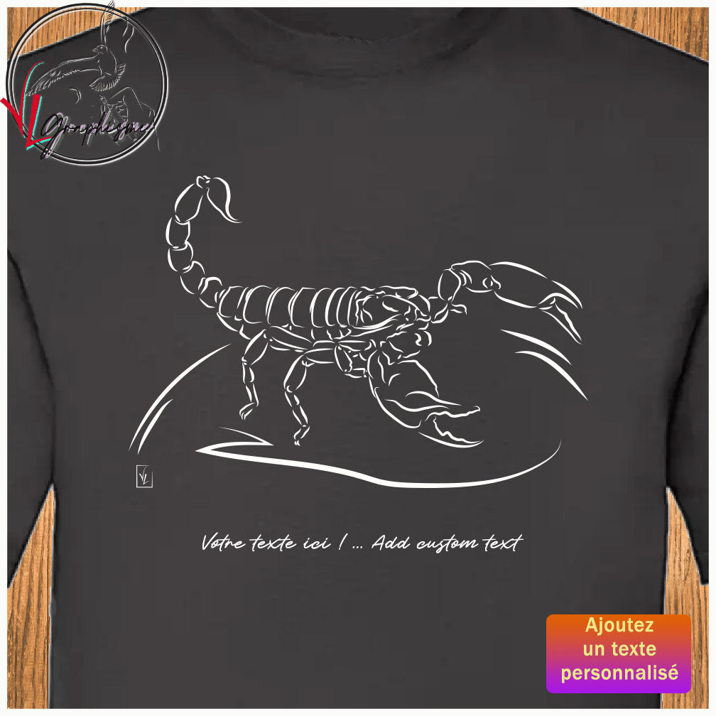 Graphisme de Scorption sur t-shirt noir à personnaliser avec un texte en dessous