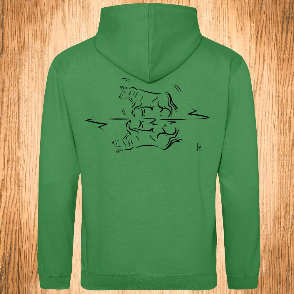 Taureau Graphisme sur sweat vert unisexe à personnaliser avec un texte. Création Virginie Linard ©.