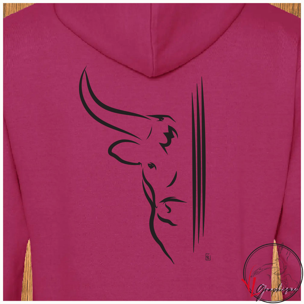 Taureau demi tête et 3 traits, Graphisme sur Sweat-shirt unisexe rose à personnaliser avec un texte. Création Virginie Linard ©.