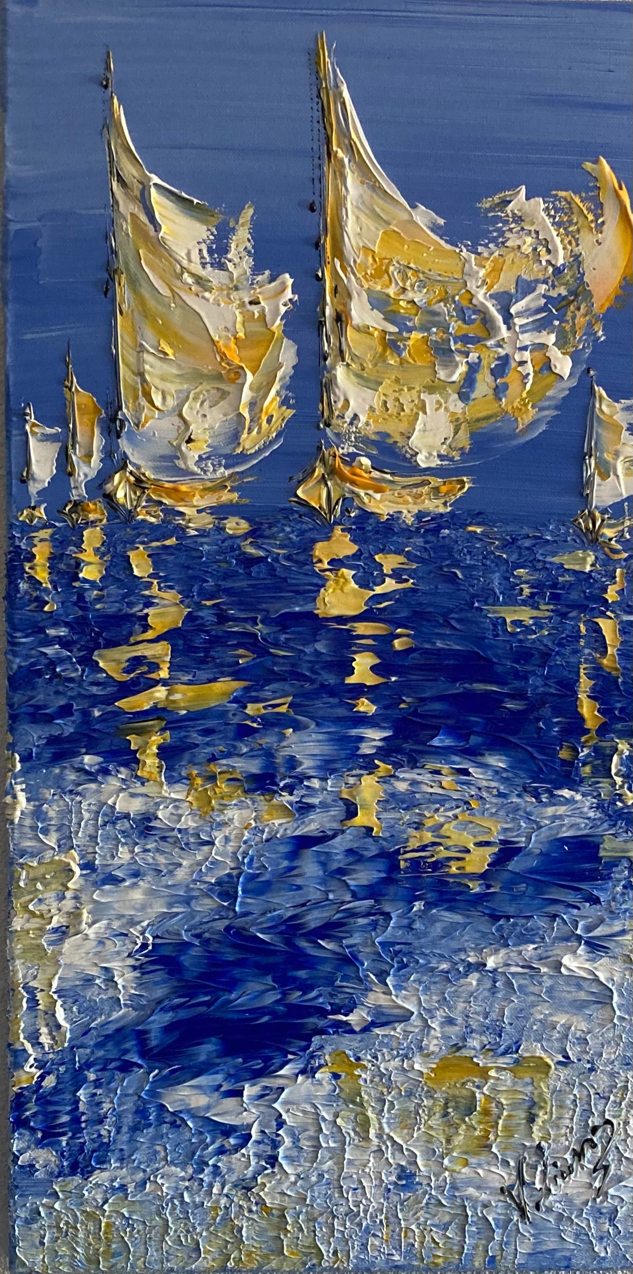 Tableau marine voiliers régate. Peinture sur toile 30x60cm. Peintre Virginie LInard.