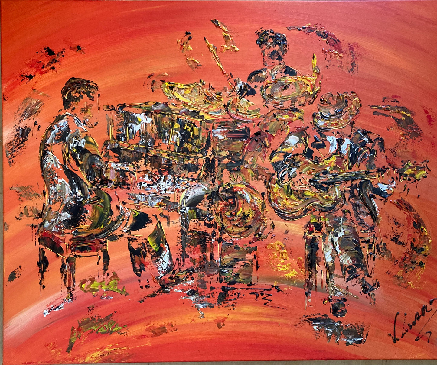 Musiciens guitare piano batterie - Peinture sur toile 73x60cm