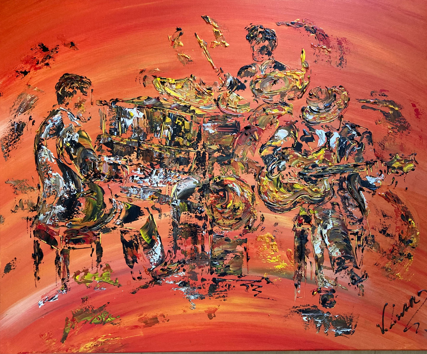 Musiciens guitare piano batterie - Peinture sur toile 73x60cm