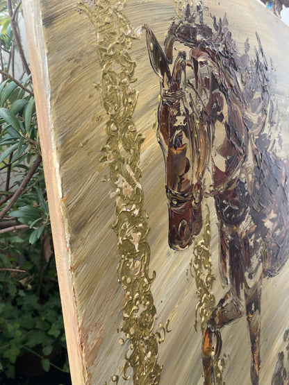 Détail épaisseur de la toile d'un tableau d'un cheval équitation sur fond antique du peintre Virginie Linard ©