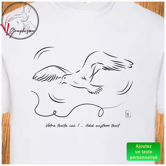Graphisme d'une colombe en plein envol  sur T-Shirt blanc à personnaliser avec un texte dessous