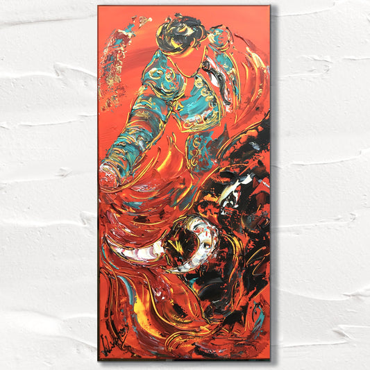 Peinture sur toile, tableau corrida tauromachie taureau fond rouge format 40x80cm