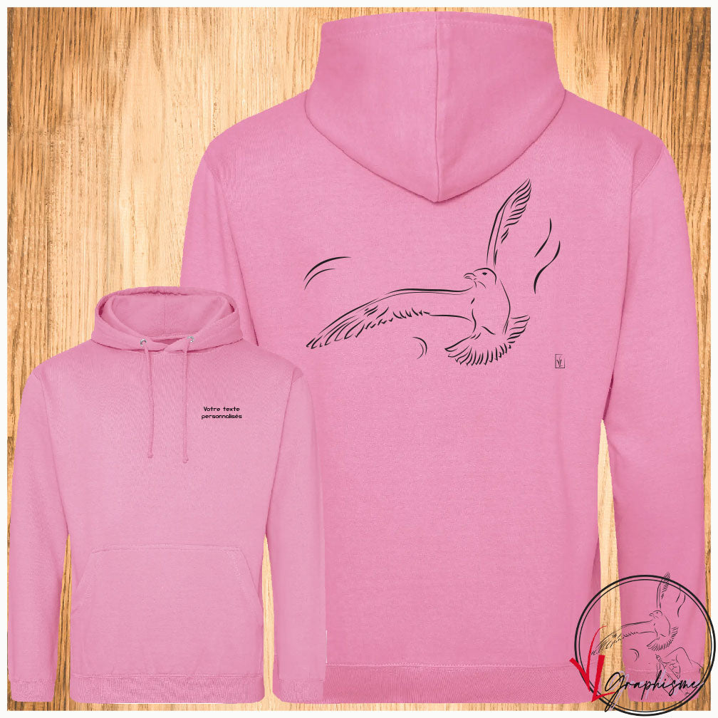 Graphisme envol d'un oiseau sur Sweat Rose à personnaliser avec un texte côté coeur