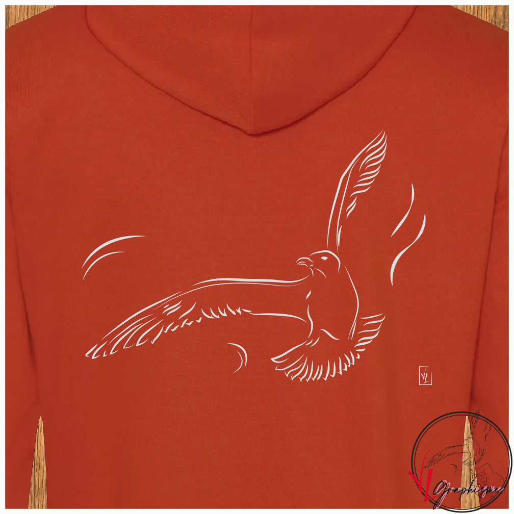 Graphisme envol d'un oiseau sur Sweat orange foncé à personnaliser avec un texte côté coeur