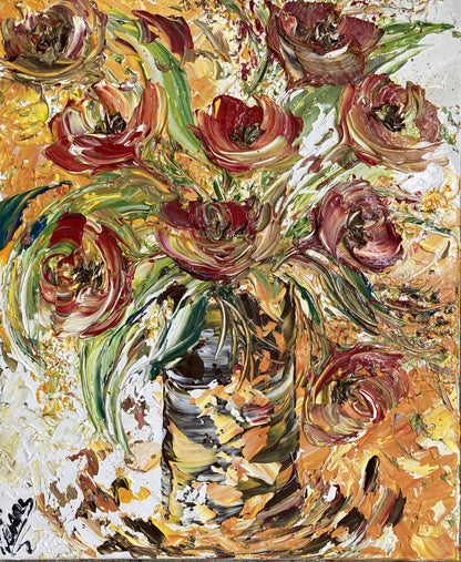 Bouquet fleurs oranges  - Peinture sur toile 46x38cm