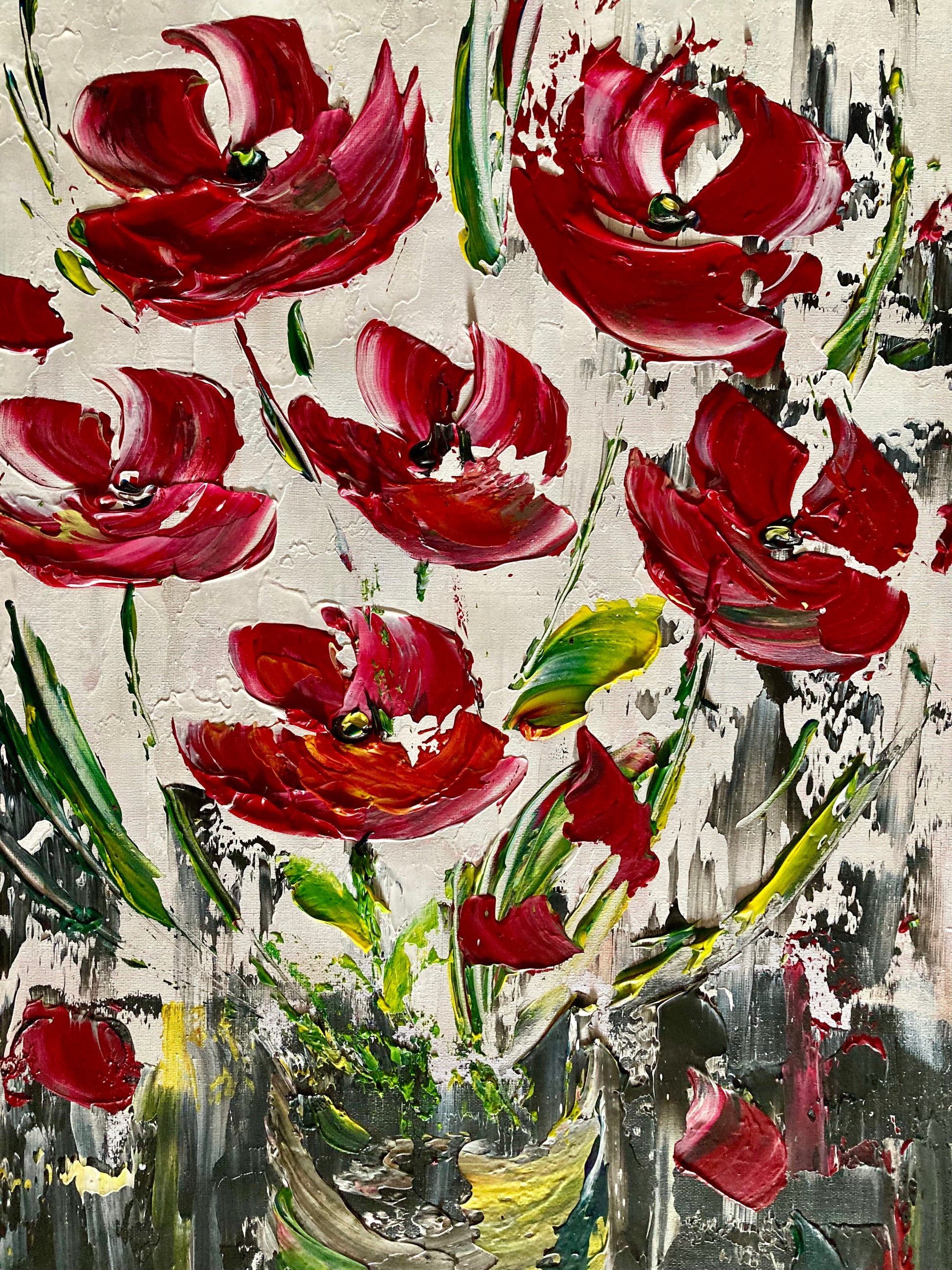 Tableau fleurs rouge noir blanc moderne contemporain 30x60 cm détail peint à la main virginie Linard ©
