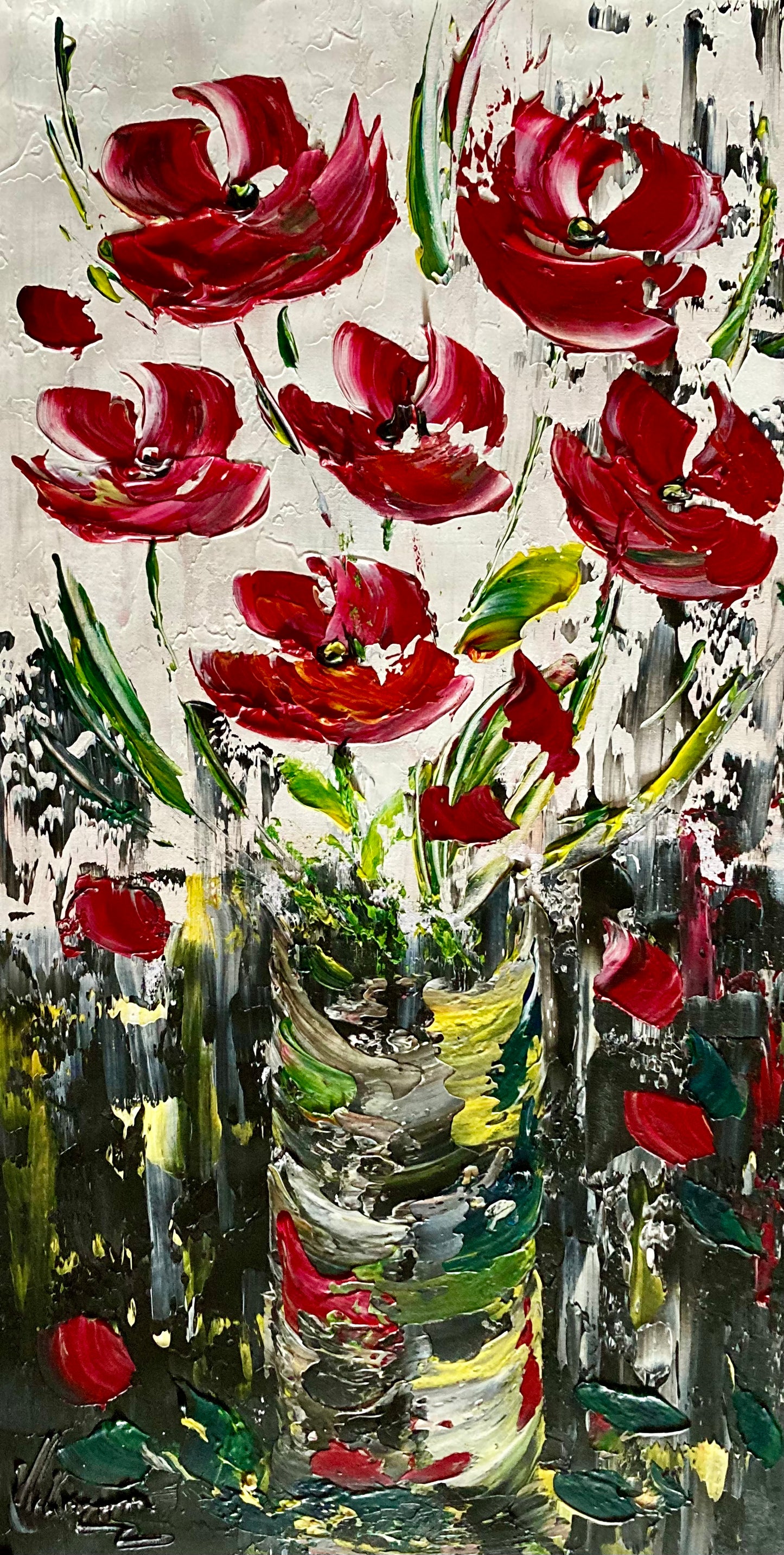 Tableau fleurs rouge noir blanc moderne contemporain 30x60 cm peint à la main virginie Linard ©