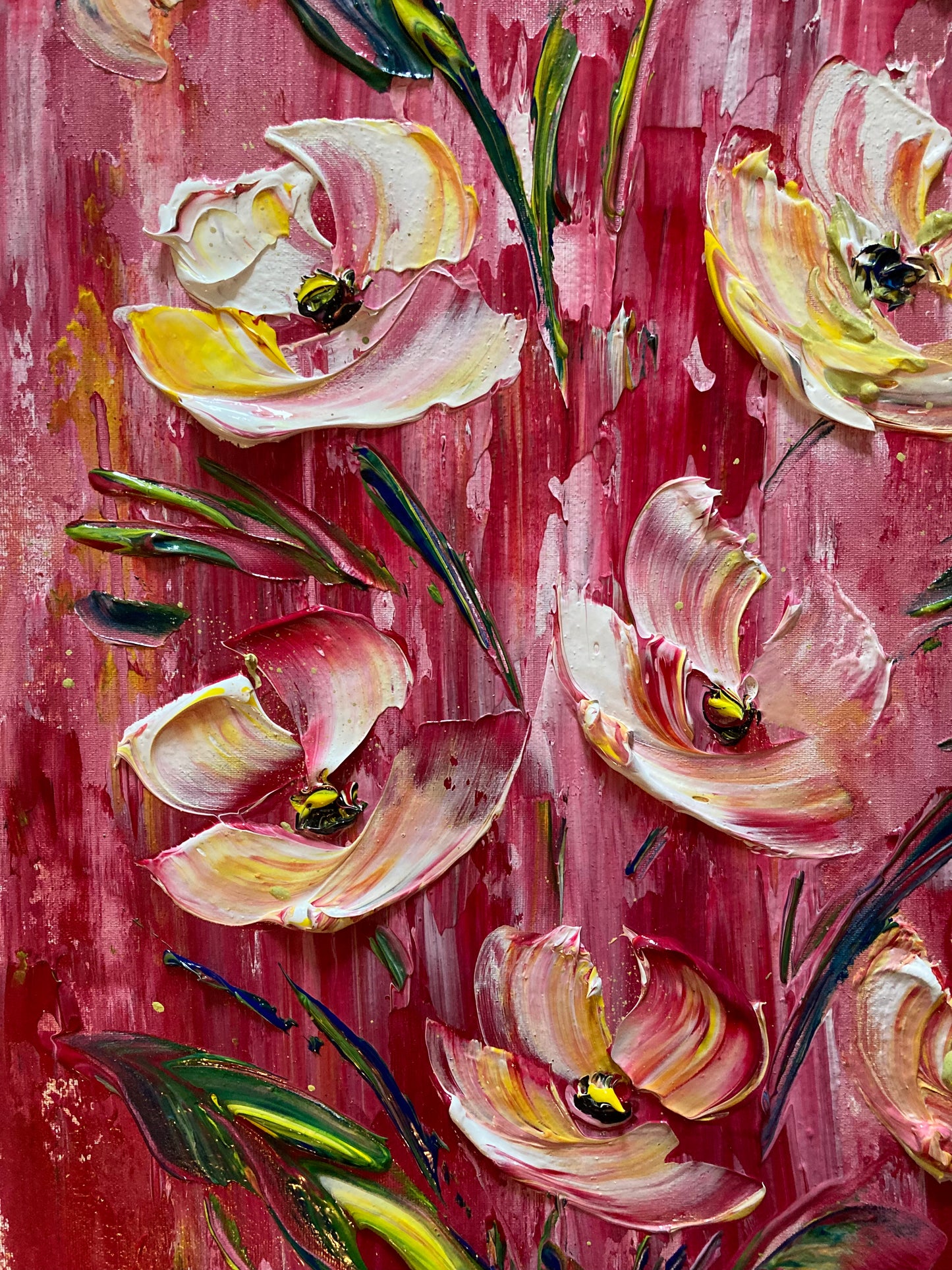Tableau fleurs rose et blanc moderne contemporain 30x60 cm détail peint à la main virginie Linard ©