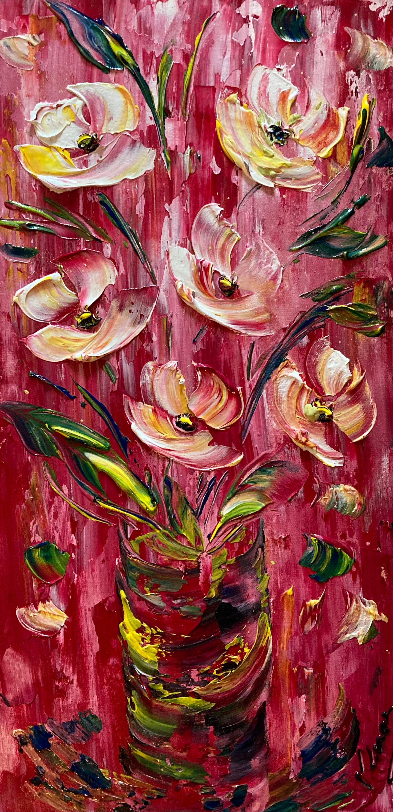 Tableau fleurs rose et blanc moderne contemporain 30x60 cm peint à la main virginie Linard ©
