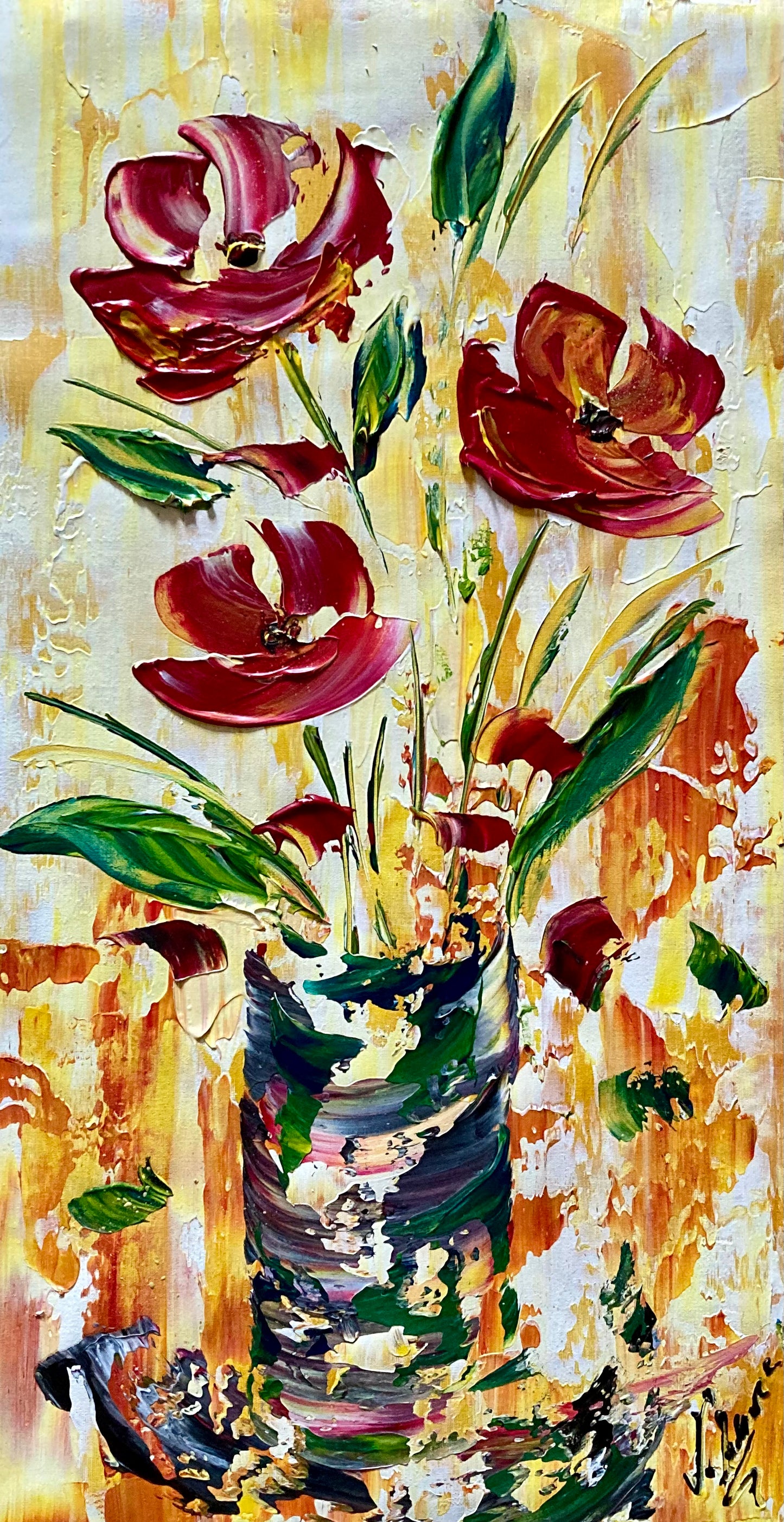 Tableau fleurs rouge et jaune moderne contemporain 30x60 cm peint à la main virginie Linard ©