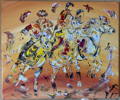 Camargue chevaux gardians - Peinture sur toile 55x46cm