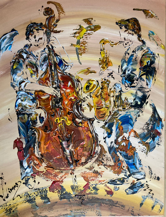 Tableau duo Saxophone Contrebasse  50x61cm - Peinture originale sur Toile - VGL©