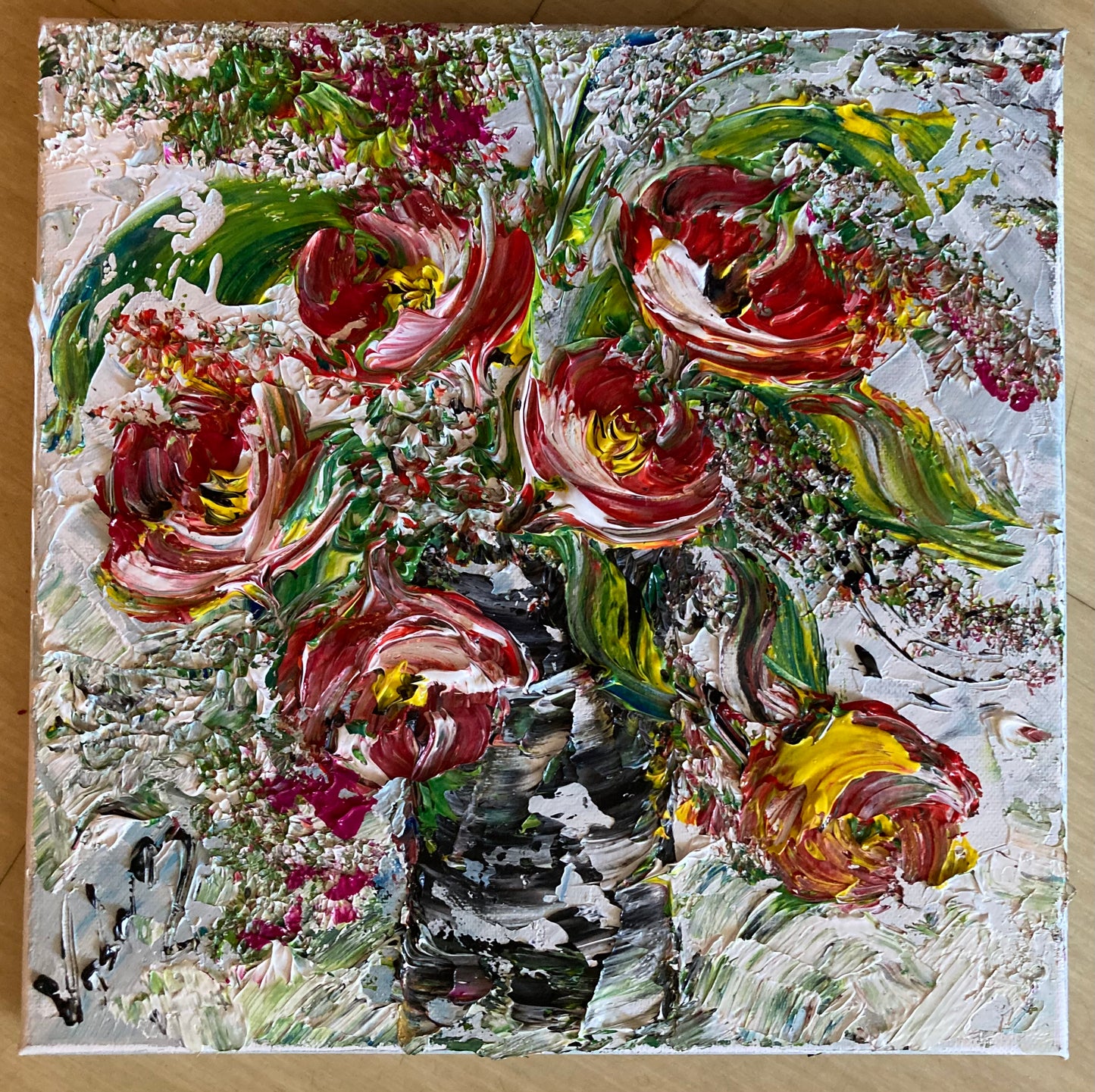 Fleurs bouquet rouge nature - Peinture de 30x30 cm