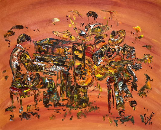 Musicians guitar piano drums - Painting on canvas 73x60 cm