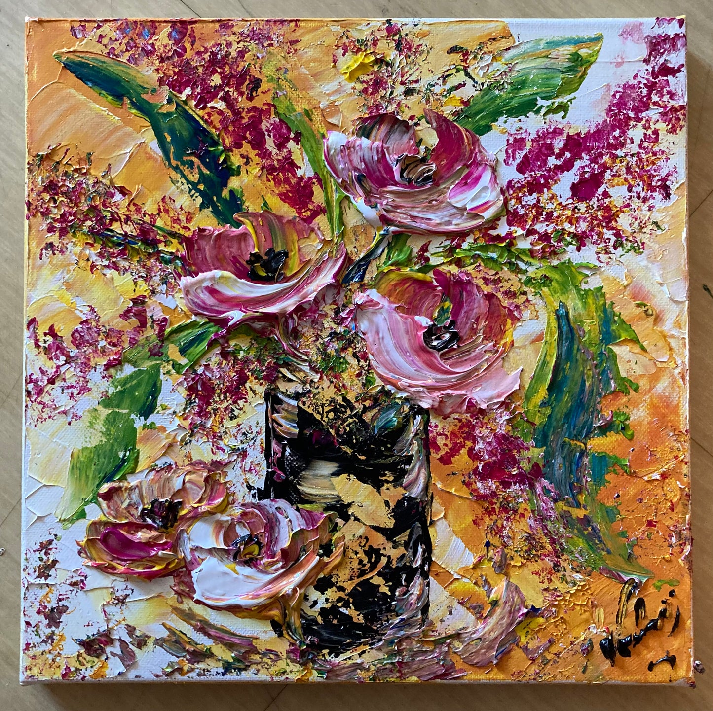 Fleurs bouquet rose nature - Peinture de 30x30 cm