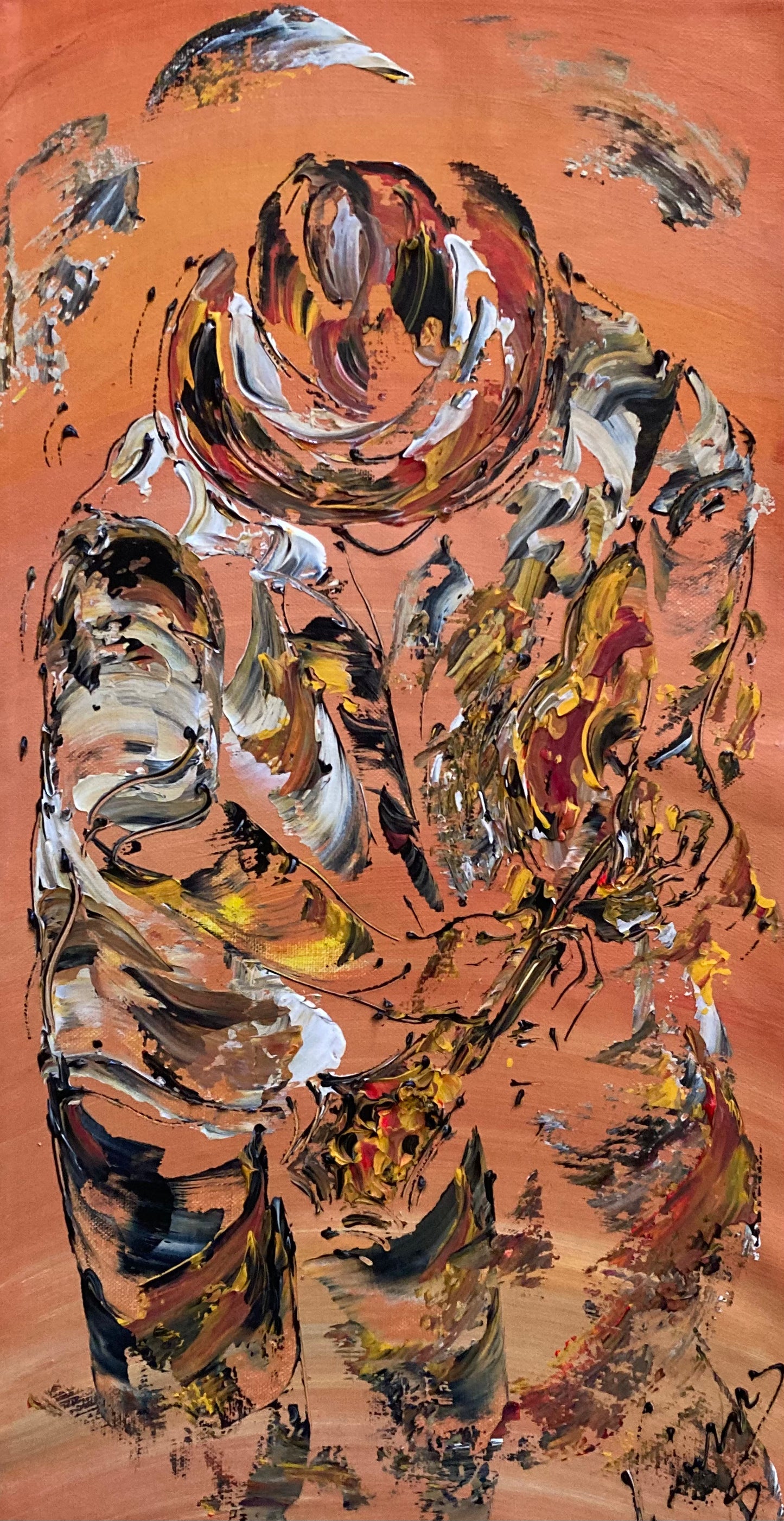 Tableau Peinture Guitariste Musicien - Spatule Reliefs - Toile Originale 30x60cm