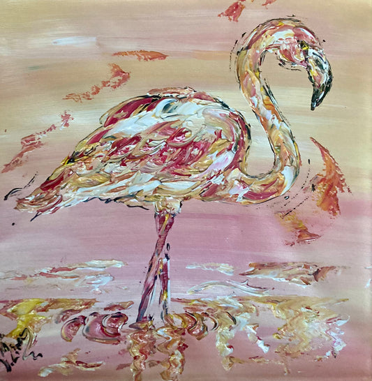 Tableau Peinture Flamant Rose Camargue - Spatule Reliefs 40x40cm