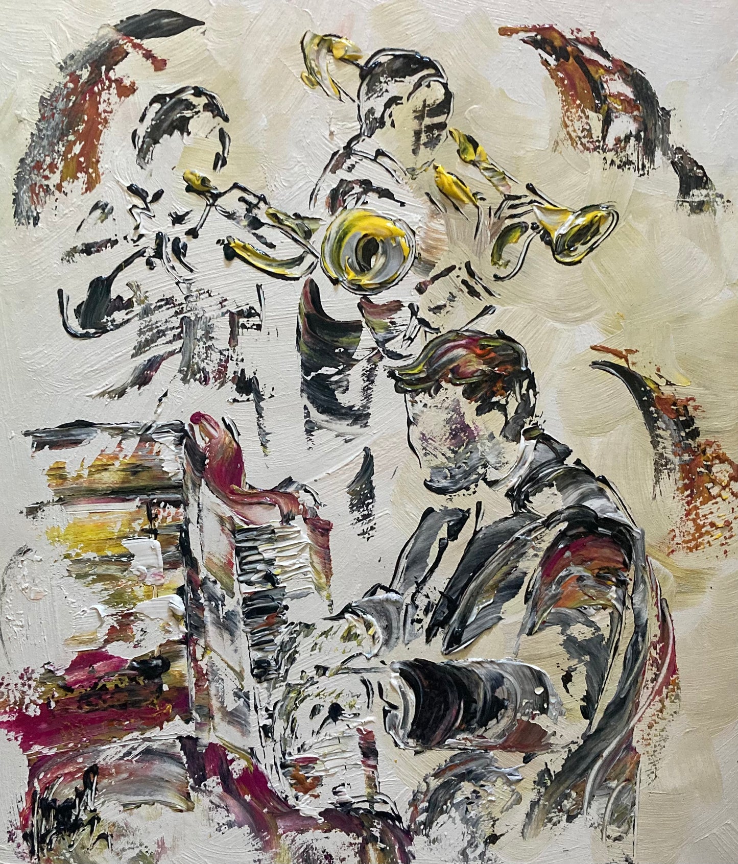 Tableau format 55x46 cm Peinture sur toile Musicien Jazz trompette trombone piano peintre Virginie Linard ©