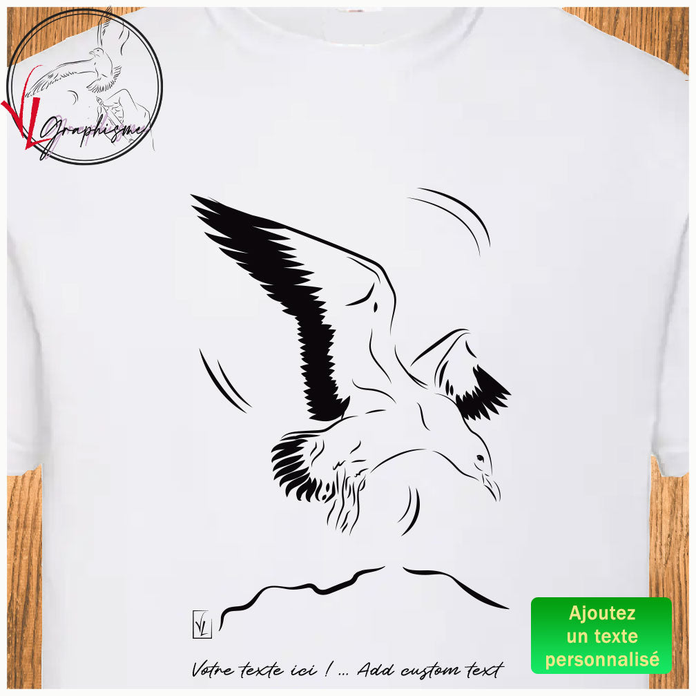 Graphisme d'une mouette se posant sur un rocher près de la mer sur T-Shirt blanc à personnaliser avec un texte dessous