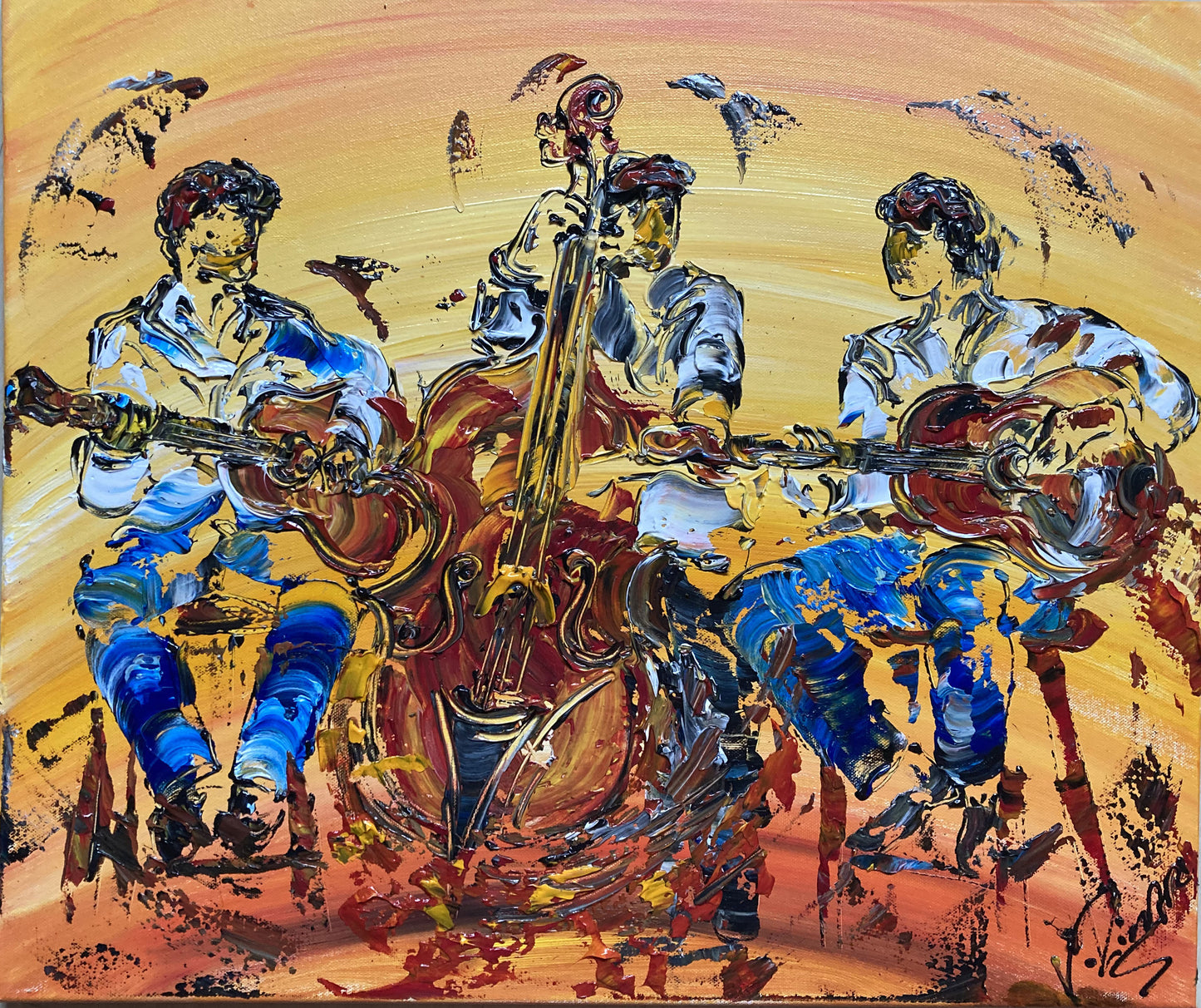 Musiciens Guitare Contrebasse Peinture sur toile 55x46cm