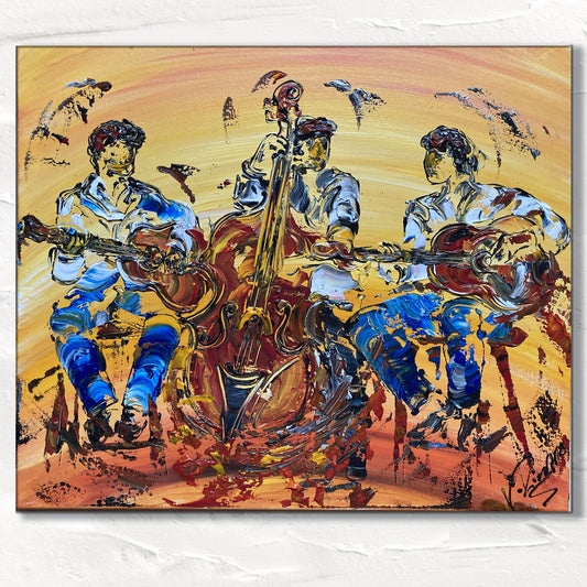 Musiciens Guitare Contrebasse Peinture sur toile 55x46cm