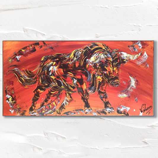 Tableau taureau 50x50, peinture sur toile fond rouge taureau en plein élan