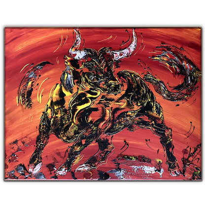 Tableau taureau fond rouge 50x65cm Peinture sur toile Virginie Linard ©