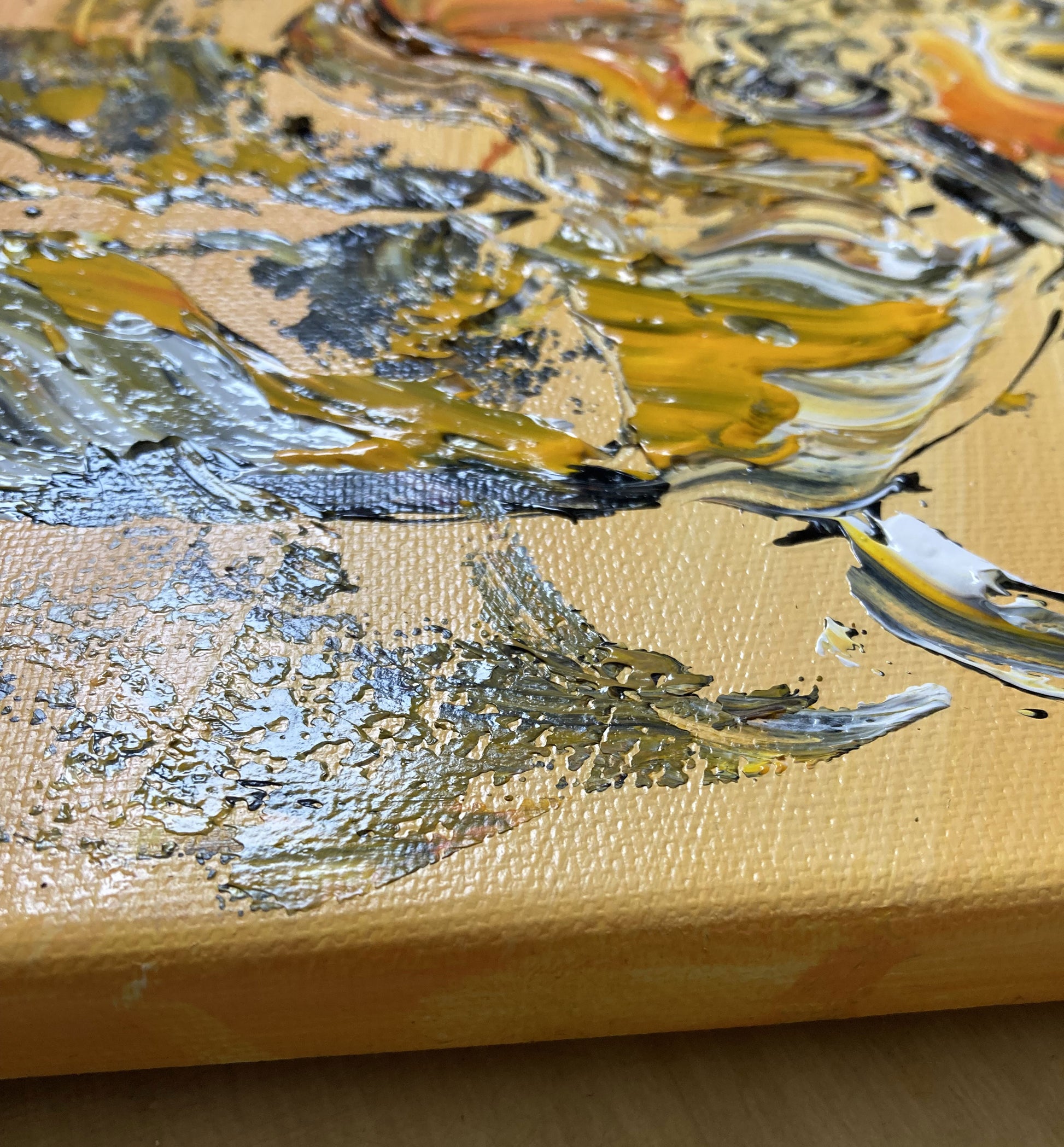 Tableau musiciens accordéoniste et guitariste. Peinture sur toile format 30x40cm. Signée Virginie Linard ©. Détail.