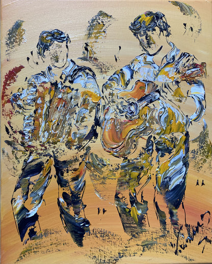Tableau musiciens accordéoniste et guitariste. Peinture sur toile format 30x40cm. Signée Virginie Linard ©.