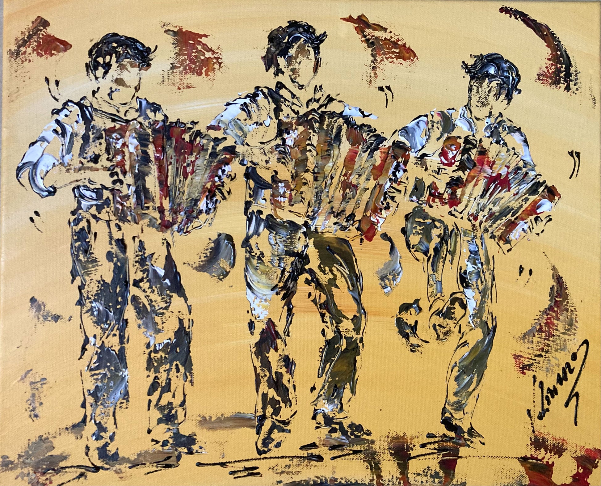Tableau trio accordéonistes musiciens. Peinture sur toile format 46x38cm. Signée Virginie Linard ©.