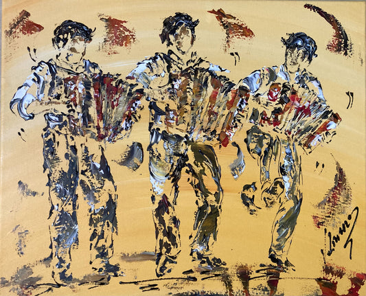 Tableau trio accordéonistes musiciens. Peinture sur toile format 46x38cm. Signée Virginie Linard ©.