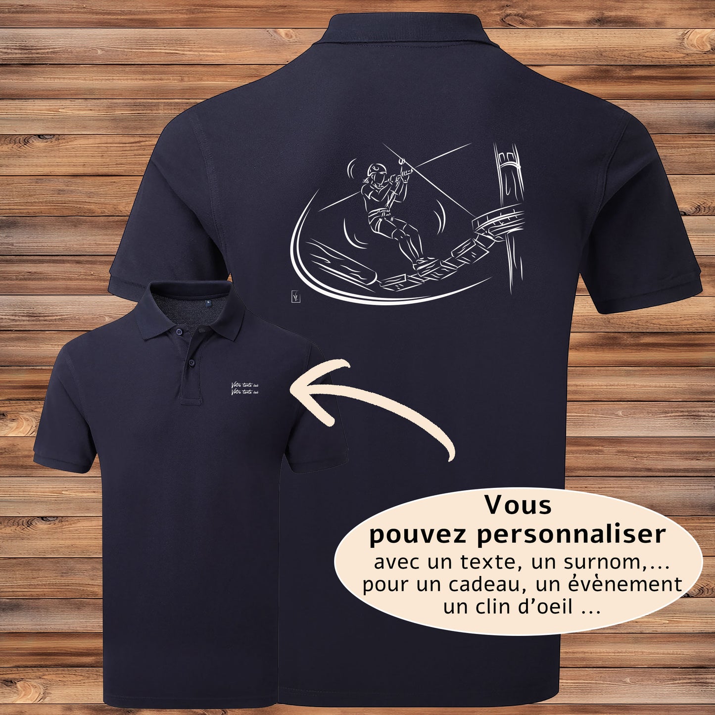 Polo bleu homme accrobranche - Idée cadeau personnalisé moniteurs aventure

