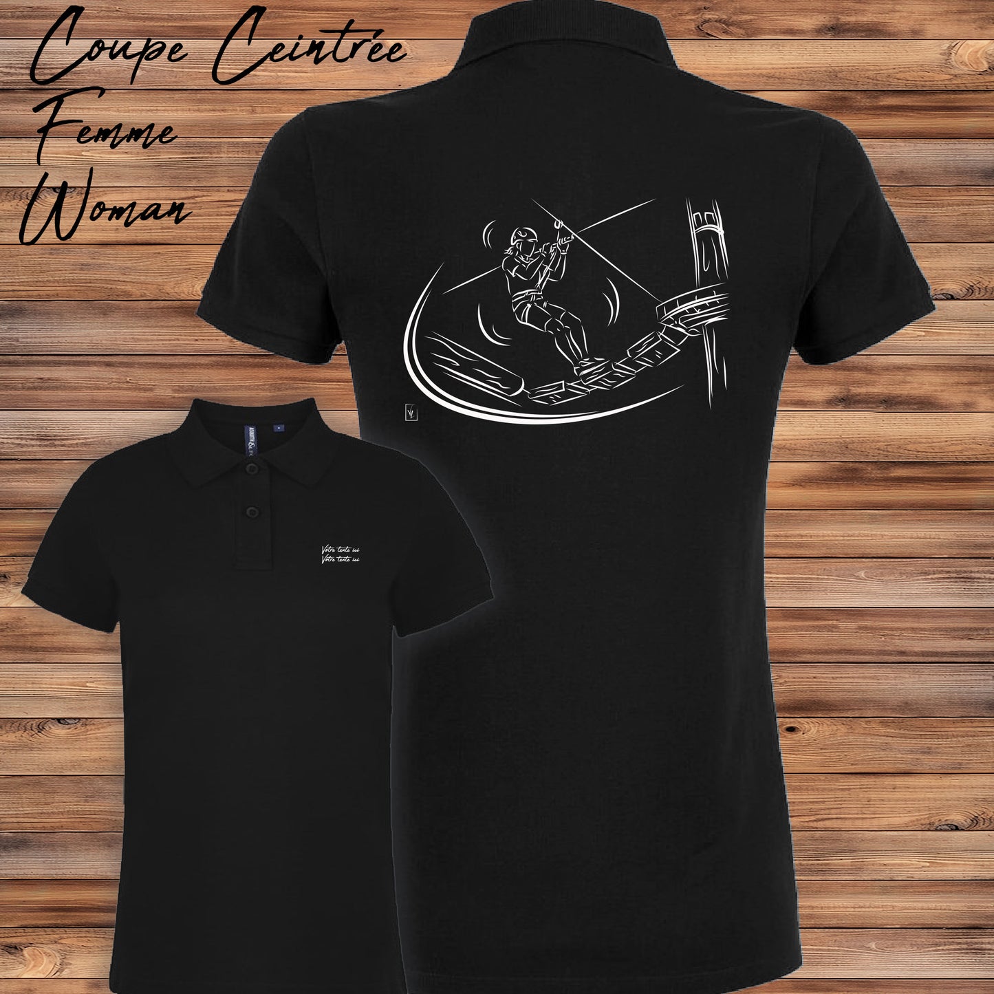 Polo noir femme accrobranche - Cadeau personnalisable avec votre texte

