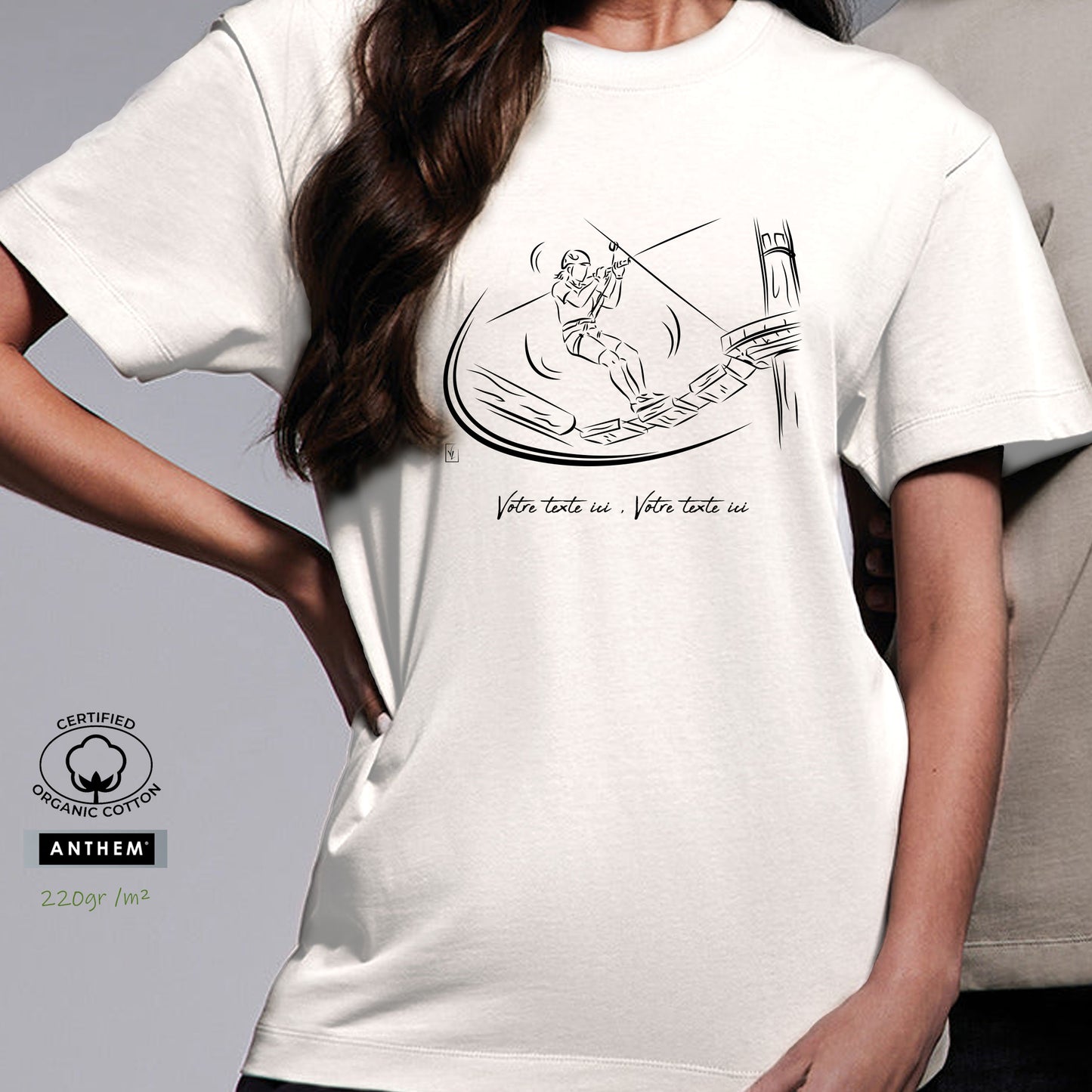 Accrobranche aventure parcours arbres - Graphisme sur T-shirt coton bio épais 220g unisexe blanc à personnaliser avec du texte. Création Virginie Linard ©.
