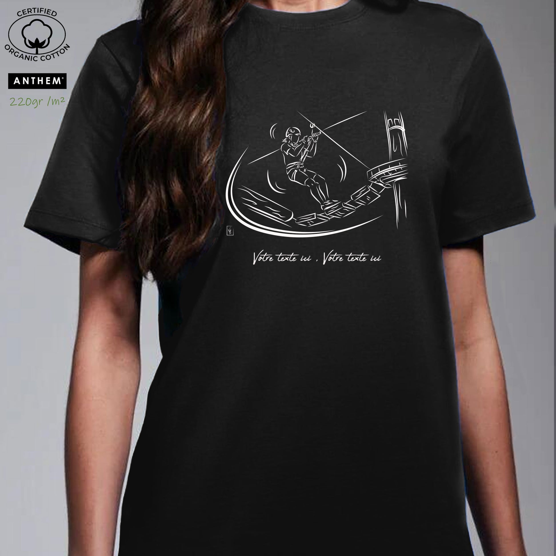 T-shirt coton bio noir homme accrobranche - Graphisme exclusif parcours aventure dans les arbres personnalisable. Création Virginie Linard ©.
