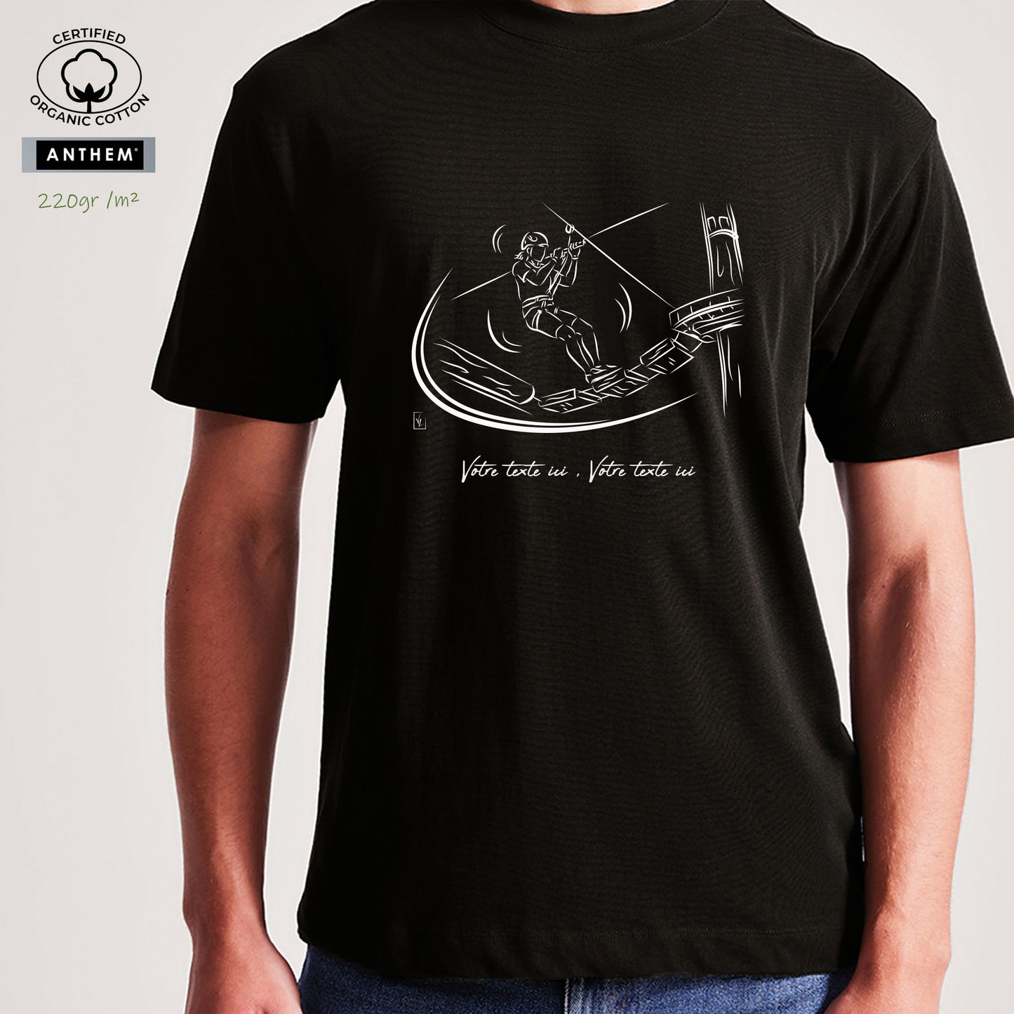 Accrobranche aventure parcours arbres - Graphisme sur T-shirt coton bio épais 220g unisexe noir à personnaliser avec du texte. Création Virginie Linard ©.
