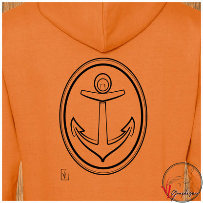 Ancre marine bateau sur Sweat couleur orange à personnaliser avec un texte côté cœur Graphisme Virginie Linard ©