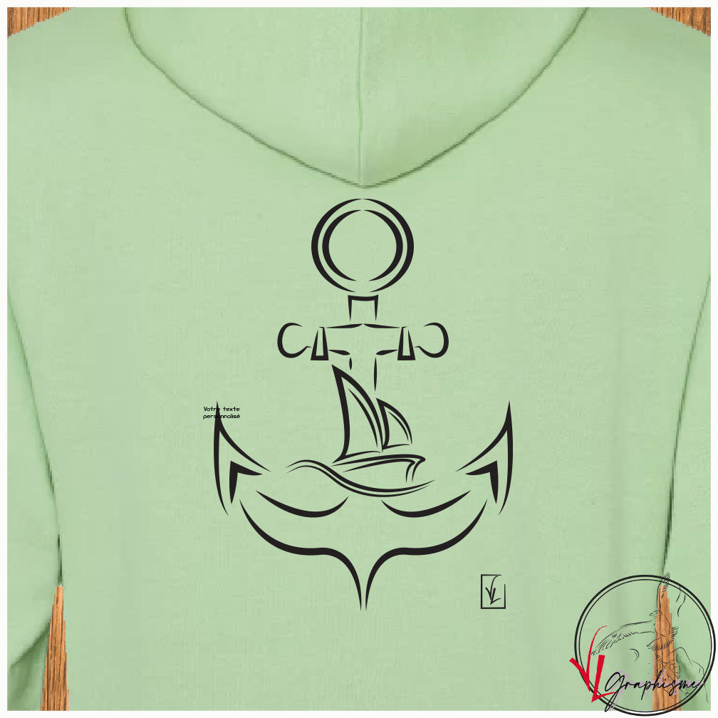 Ancre bateau voilier sur sweat vert pomme Virginie Linard ©