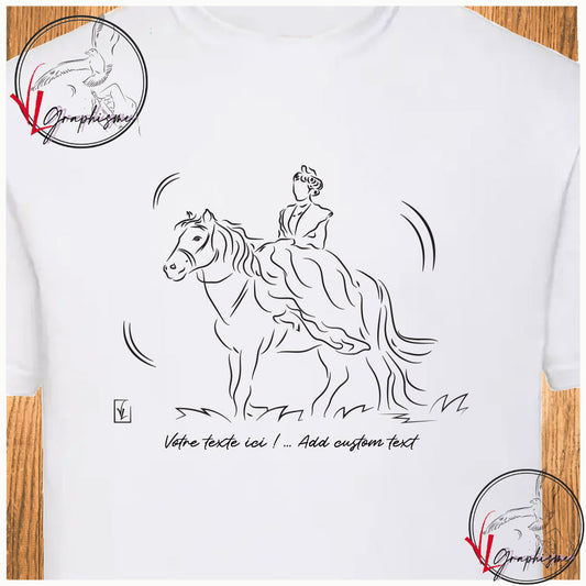 Arlésienne à cheval montée en amazone Camargue Arles Tshirt personnalisé couleur blanc Création VLGraphisme Virginie Linard ©