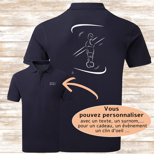 Graphisme babyfoot sur polo à personnaliser avec du texte. Création Virginie Linard ©.