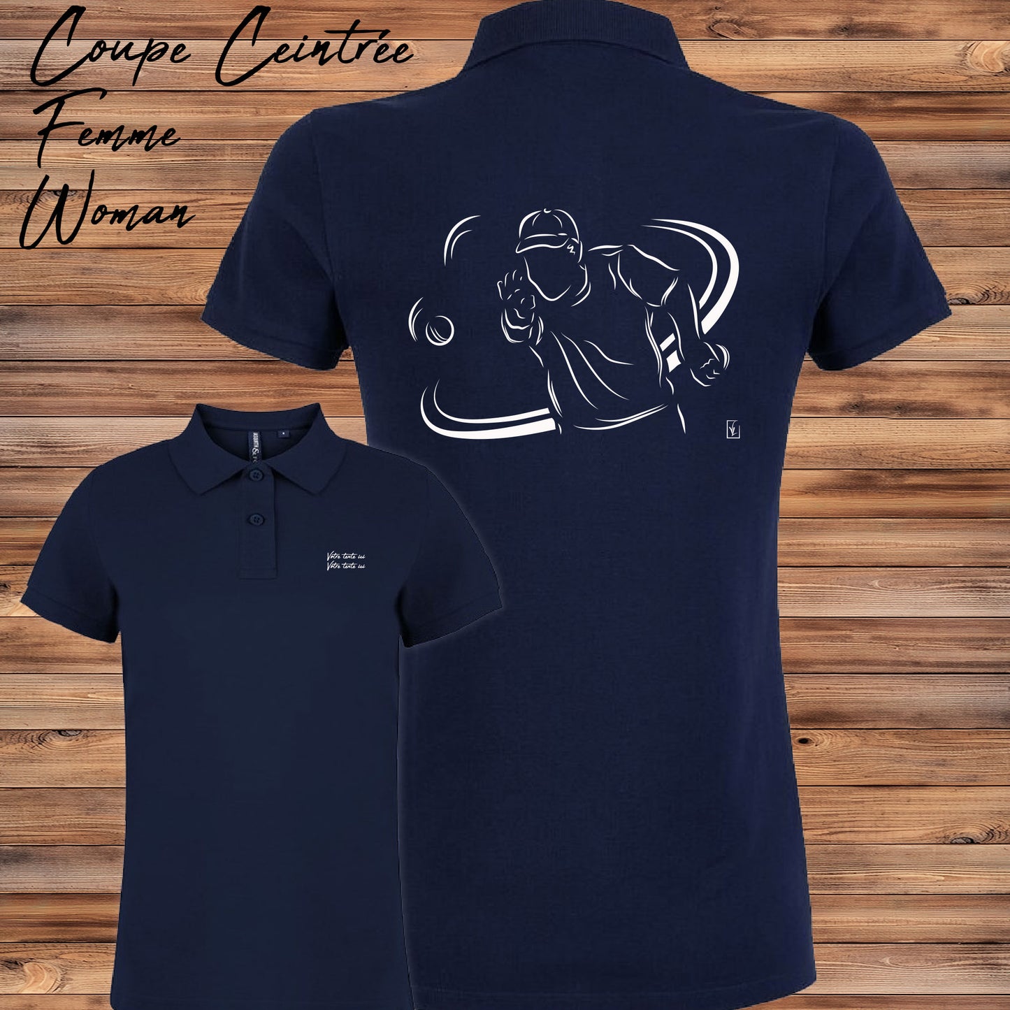 Polo femme pétanque personnalisable avec graphisme bouliste au tir - Idéal cadeau tireuse - Design exclusif Virginie Linard
