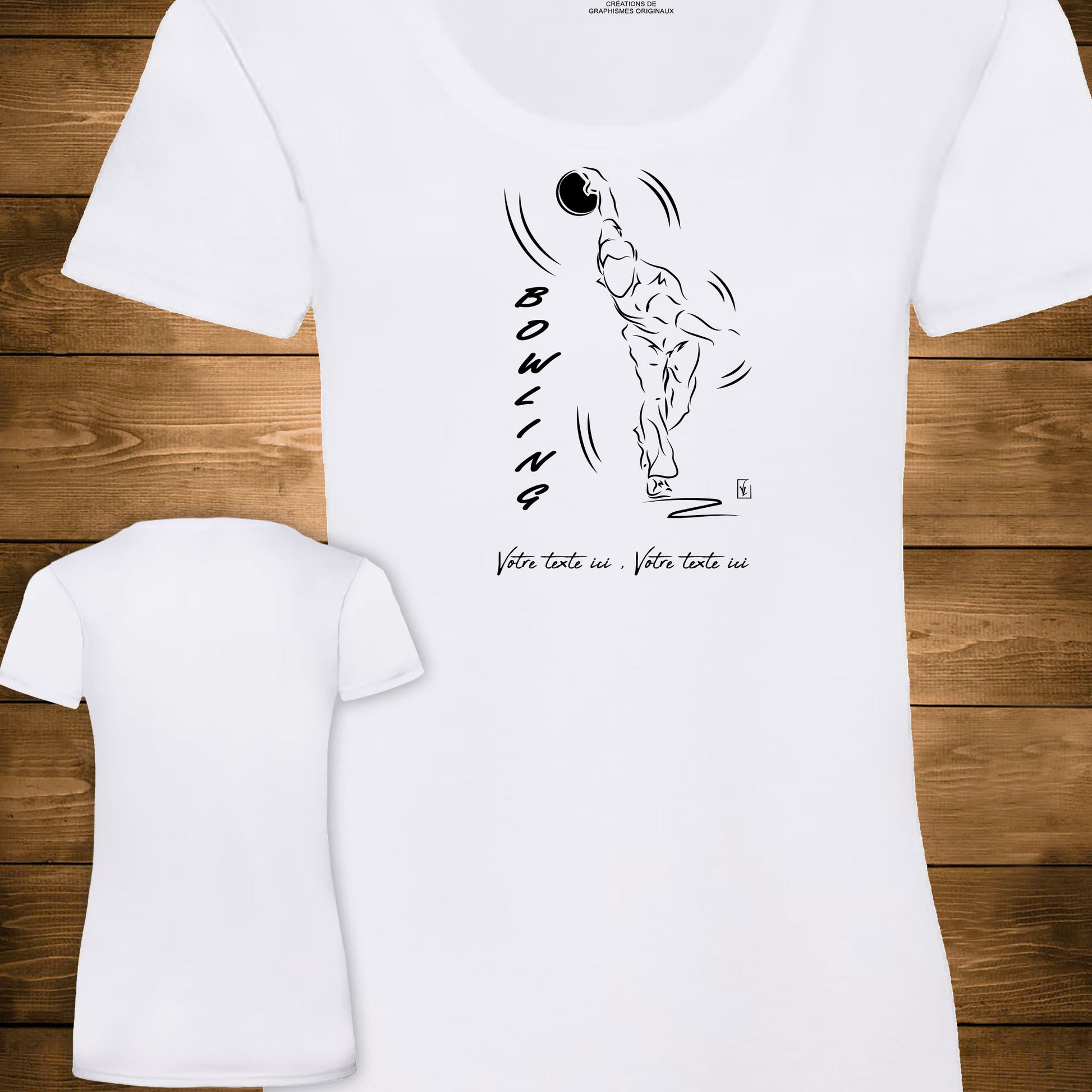 Graphisme joueur de bowling technique 3ème pas sur  t-shirt  blanc coupe femme à personnaliser avec du texte. Création Virginie Linard ©.