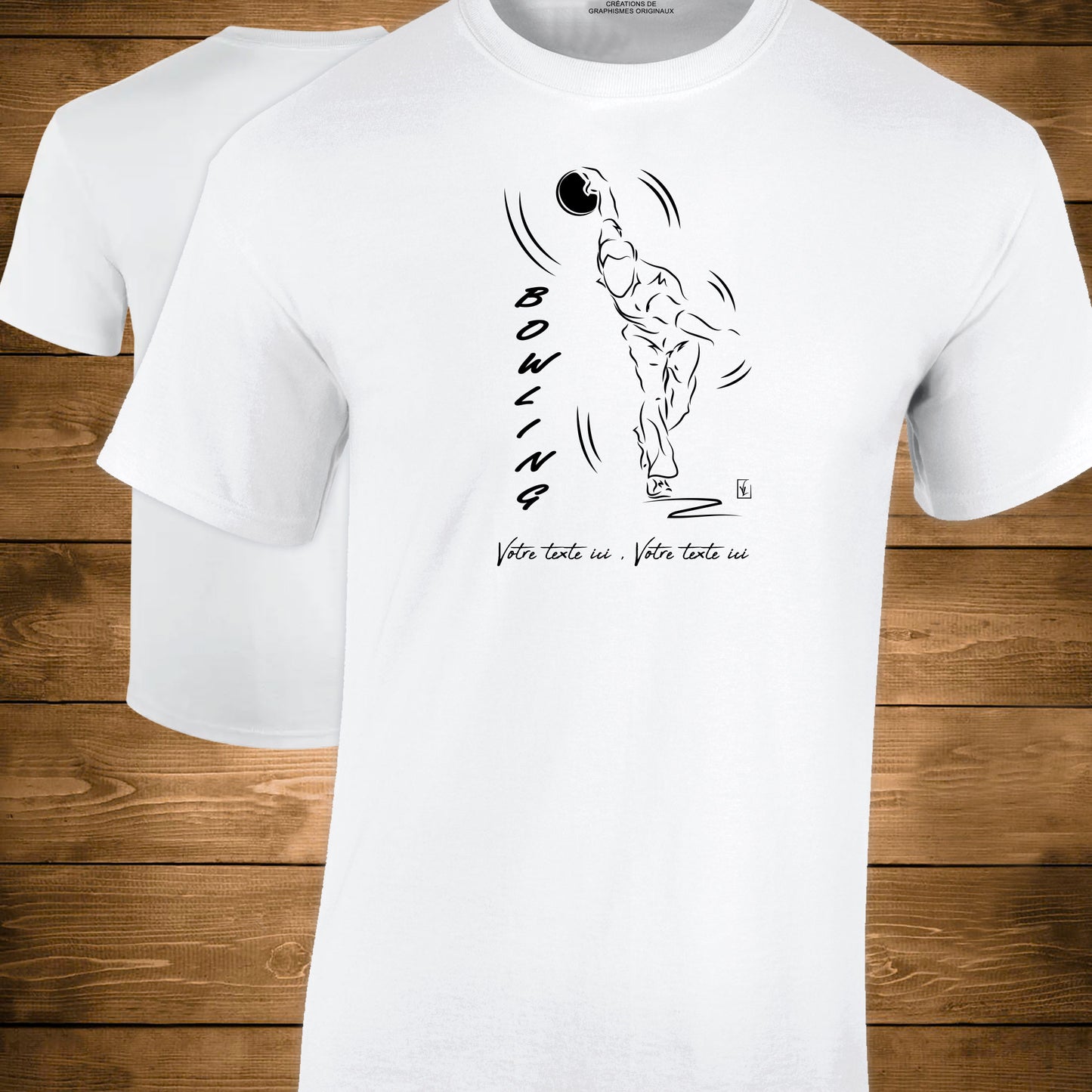 Graphisme joueur de bowling technique 3ème pas sur  t-shirt  blanc coupe homme à personnaliser avec du texte. Création Virginie Linard ©.