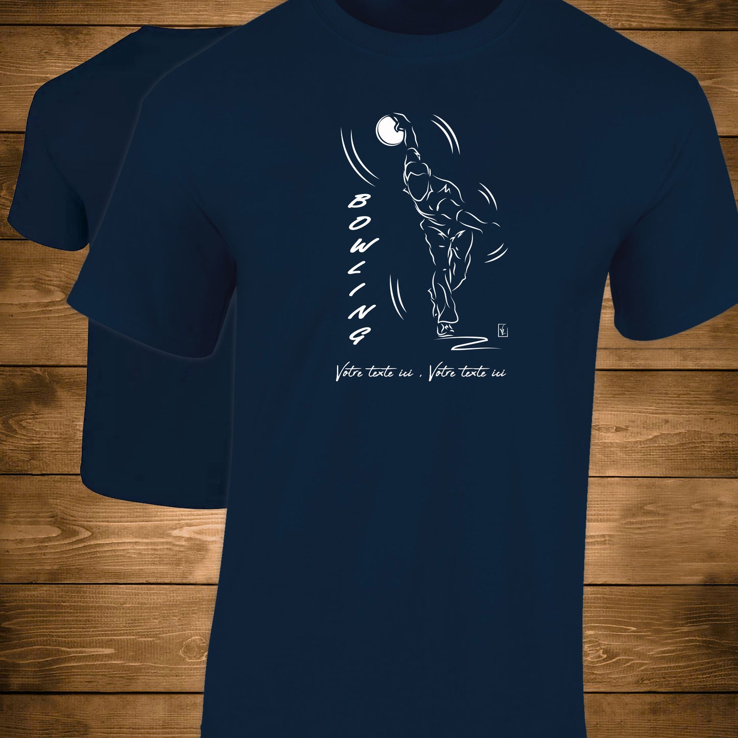 Graphisme joueur de bowling technique 3ème pas sur  t-shirt  bleu coupe homme à personnaliser avec du texte. Création Virginie Linard ©.