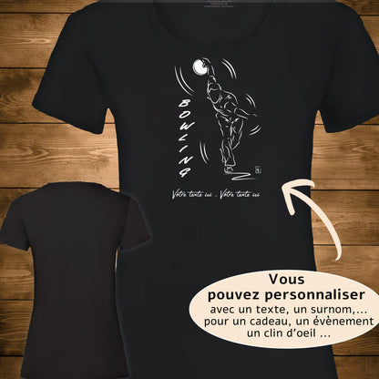 Graphisme joueur de bowling technique 3ème pas sur  t-shirt  noir coupe femme à personnaliser avec du texte. Création Virginie Linard ©.